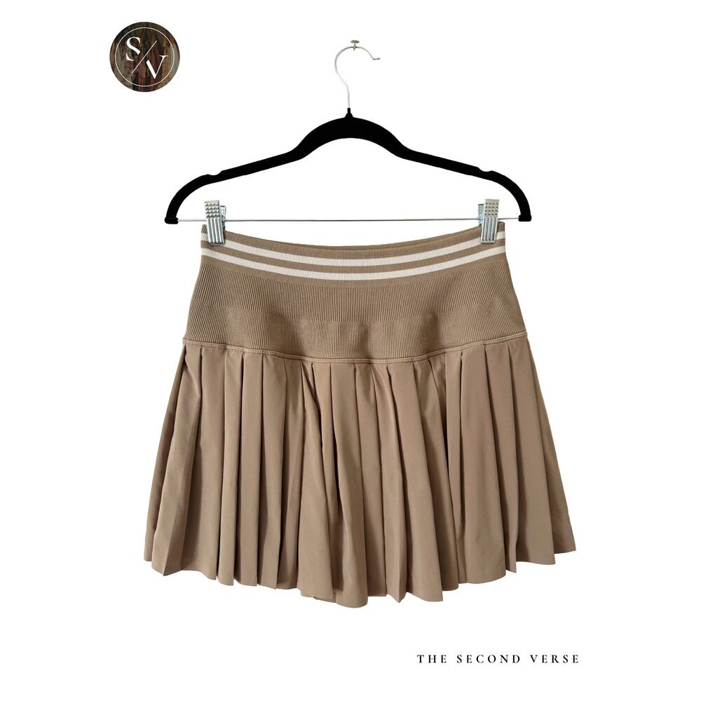 Offline By Aerie Pleated Bow Pleated Wide Waistband Skirt Tan White Size Medium - Picture 1 of 11
